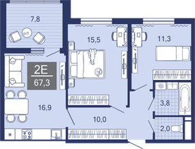 2-комнатная, 59.8 м²