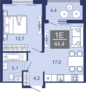 1-комнатная, 39.9 м²