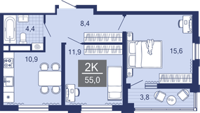 2-комнатная, 51.4 м²