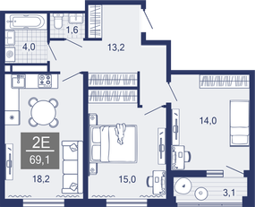 2-комнатная, 65.8 м²