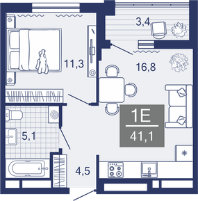 1-комнатная, 37.7 м²