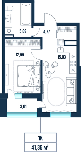 1-комнатная, 41.4 м²