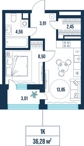 1-комнатная, 36.3 м²