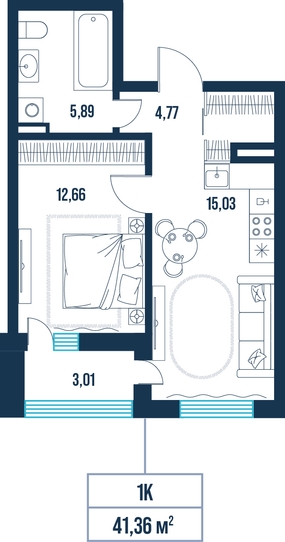 1-комнатная, 41.4 м²