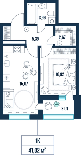 1-комнатная, 41.0 м²