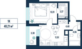 1-комнатная, 40.2 м²