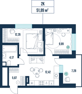 2-комнатная, 51.9 м²