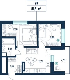 2-комнатная, 51.6 м²