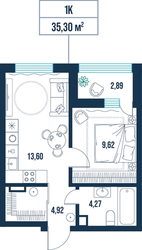 1-комнатная, 35.3 м²
