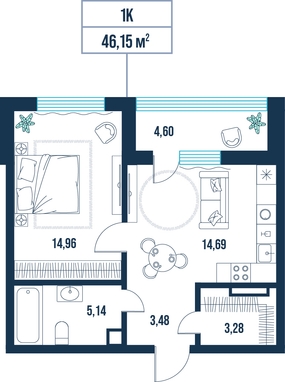 1-комнатная, 46.1 м²