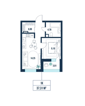1-комнатная, 37.3 м²