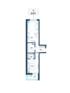 1-комнатная, 48.9 м²