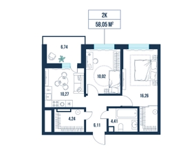 2-комнатная, 58.0 м²