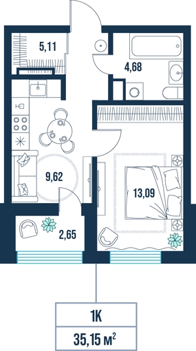 1-комнатная, 35.1 м²