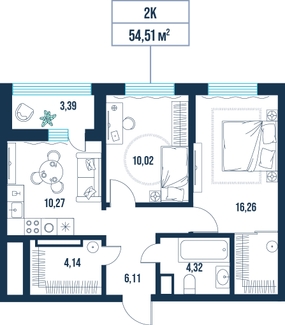 2-комнатная, 54.5 м²