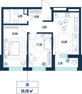 2-комнатная, 58.1 м²